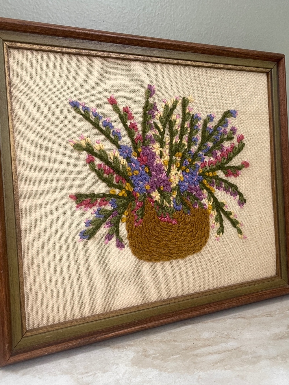Vintage Crewel Embroidered Floral Basket Art | Cottagecore Wall Hanging